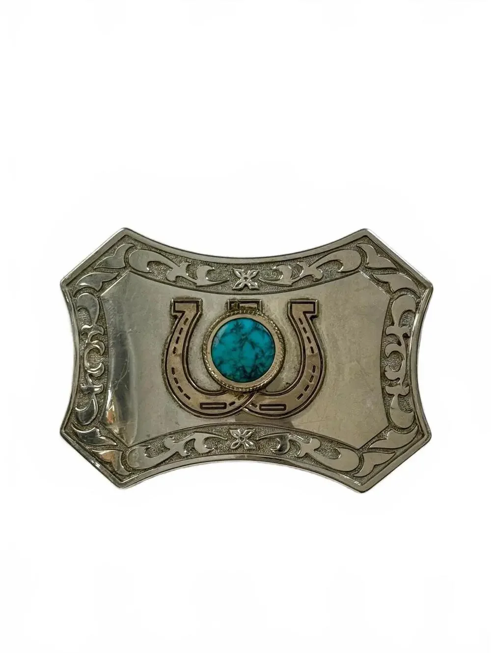 Western Belt Buckle Silvertone Turquoise Stone Southwestern Cowboy Cowgirl